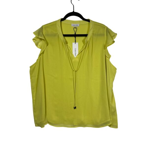 Calvin Klein Cap Sleeve Bright Yellow Cut Out Tie Blouse Top 2X Business Casual - Picture 15 of 16